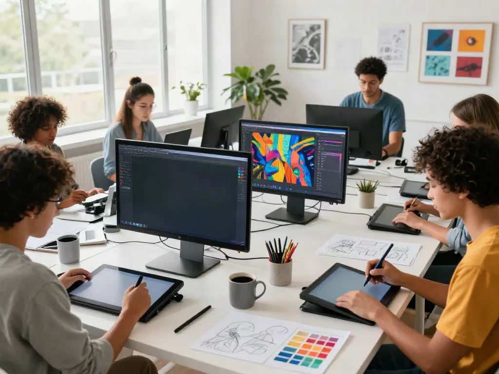 Artists collaborating in vibrant AI studio creating 18+ ai digital art.