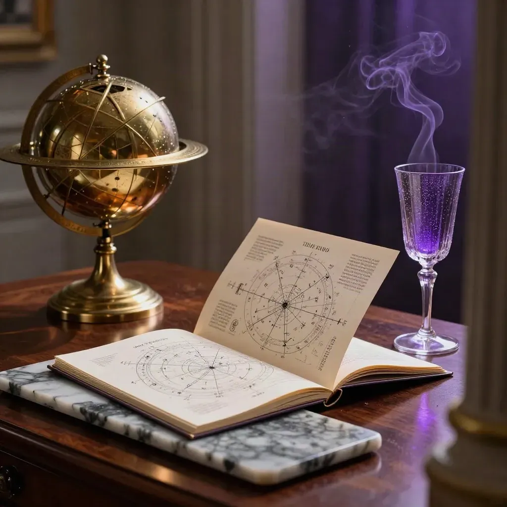 Salle de consultation astrologique nocturne, sphère armillaire en laiton et pluie sur verre parisien