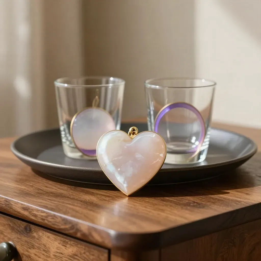 Deux médaillons célestes, un cœur en quartz rose et deux coupes en verre sur un plateau sombre.