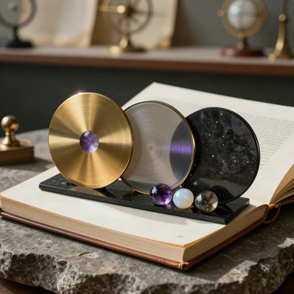 Folio astrologique crème avec trois disques célestes et pierres de naissance sur pierre sombre.