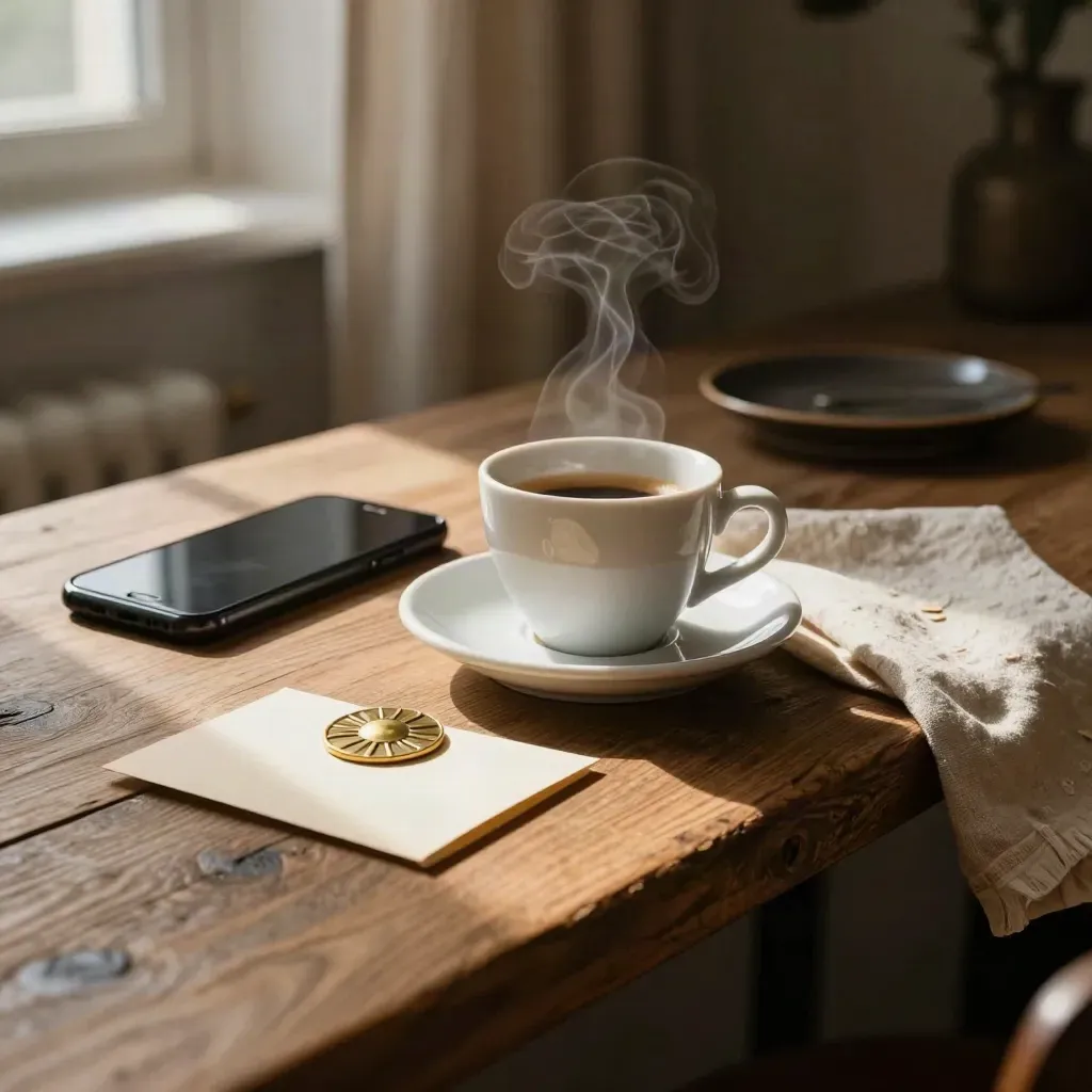 Tasse d’espresso, téléphone face vers le bas et médaille solaire sur un rebord en chêne.
