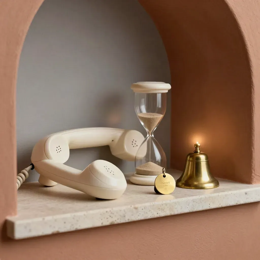 Combiné téléphonique, sablier, cloche en laiton et jeton de rendez-vous sur une étagère en pierre.