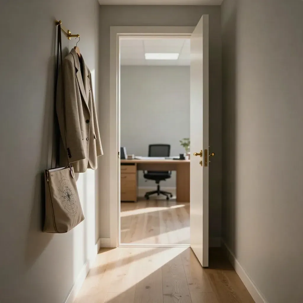 Couloir de bureau lumineux avec tote, blazer et porte ouverte vers une nouvelle pièce.