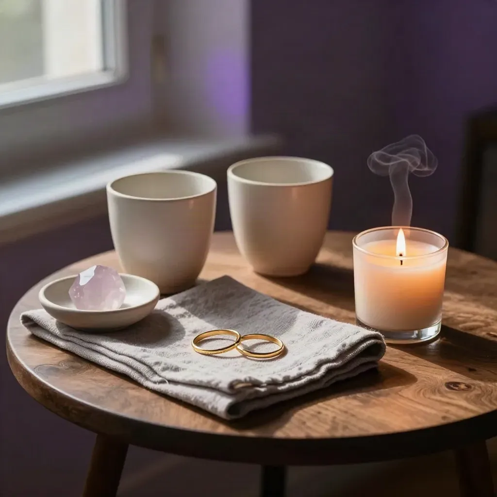 Deux tasses, deux anneaux, quartz rose et bougie sur lin, dans un coin chaleureux.