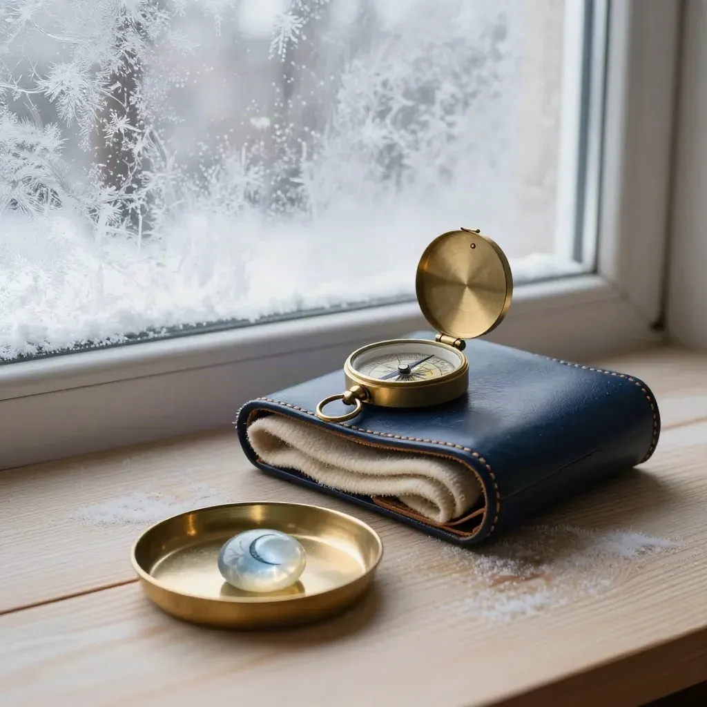 Compas en laiton, étui de voyage et pierre de lune sur un bureau d’hiver près d’une fenêtre givrée.