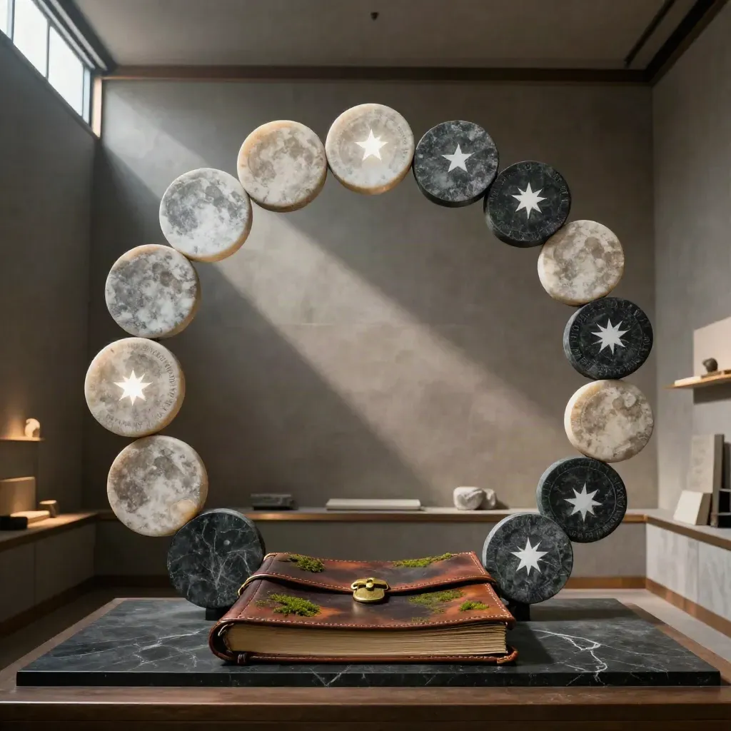 Arc lunaire de douze disques de pierre et folio relié dans une salle d’astrologie sombre.