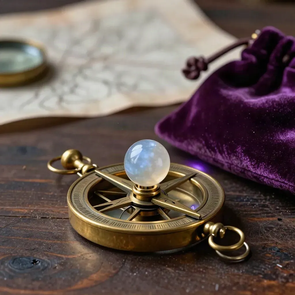 Astrolabe en laiton, pendule de pierre de lune et pochette de velours sur établi en chêne.