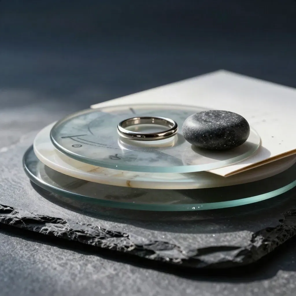 Disques célestes superposés, verre fumé et poids de pierre graphite sur ardoise, lumière dramatique.
