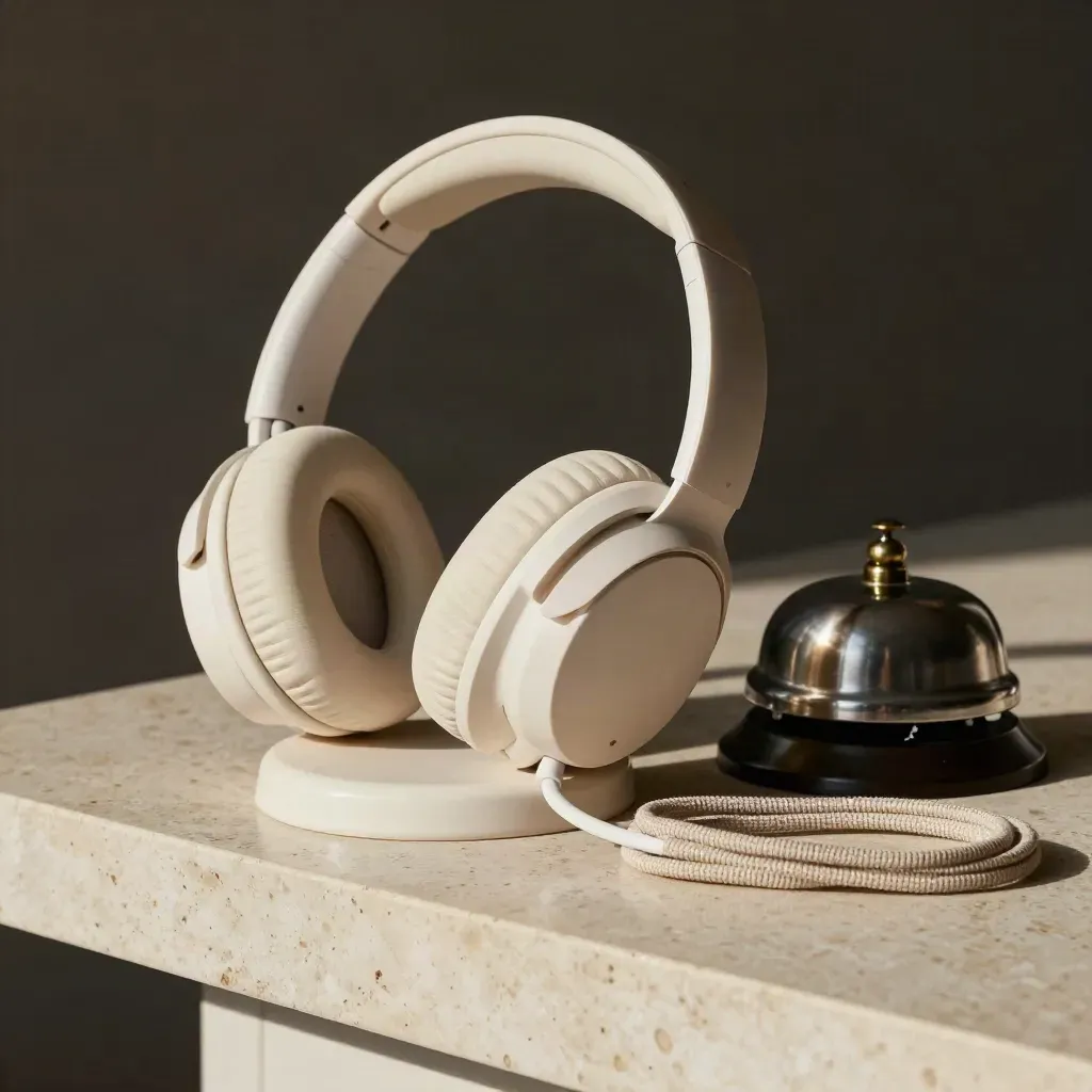 Casque audio sur support céramique, avec sonnette discrète et corde en lin.