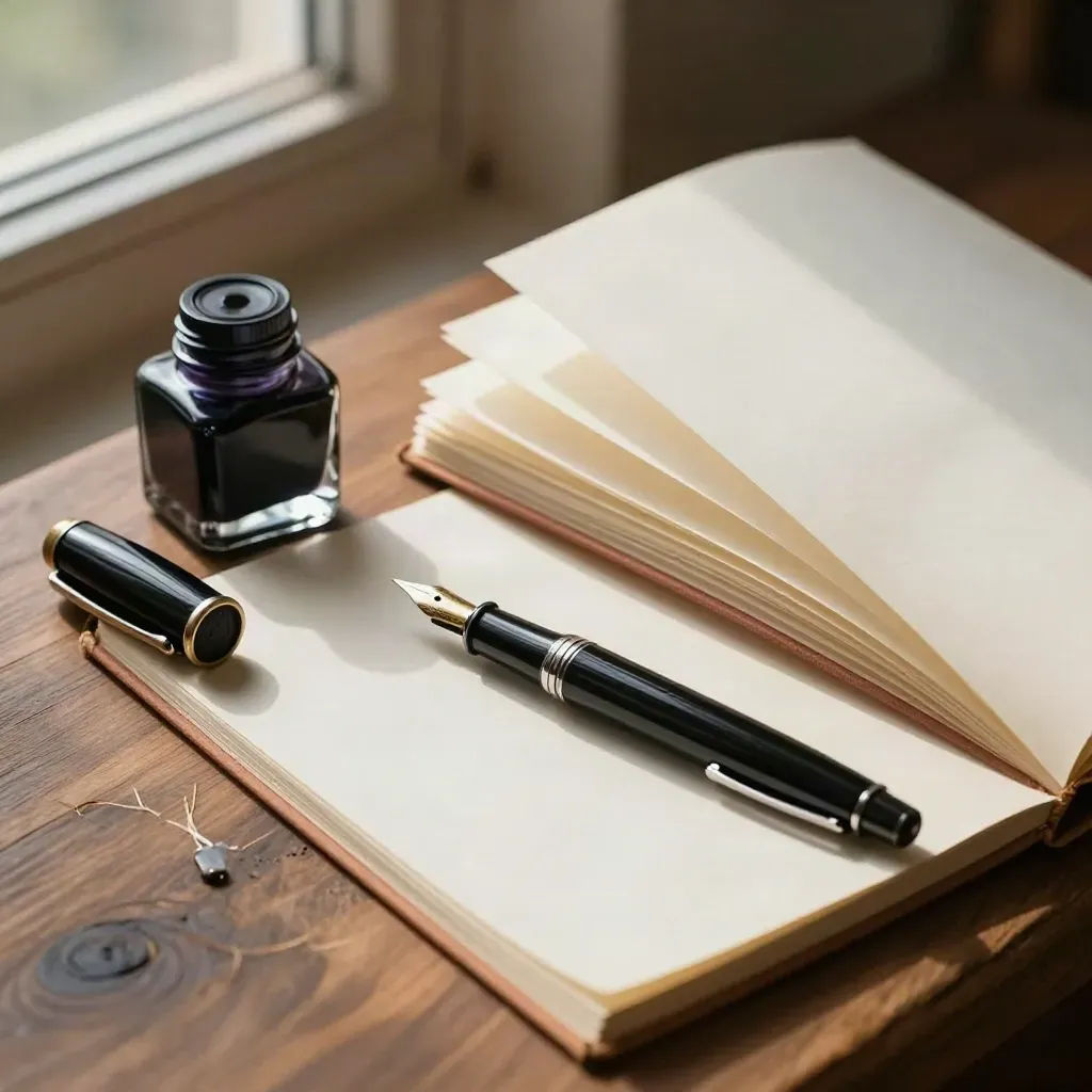 Stylo-plume, encrier, sceau de cire et manuscrit aux bords frangés sur papier chaud.