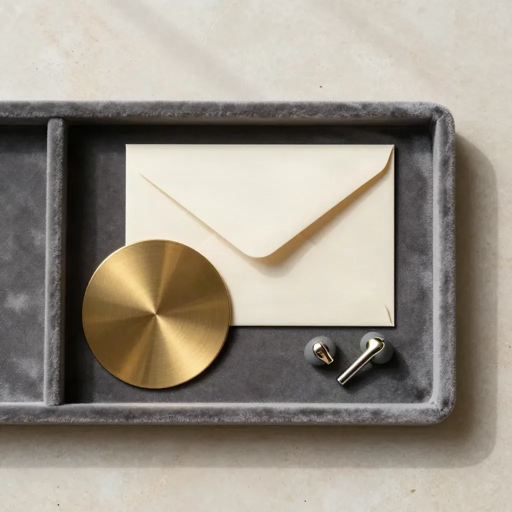 Flatlay raffiné avec disque en laiton, enveloppe scellée et écouteur sur plateau de velours.