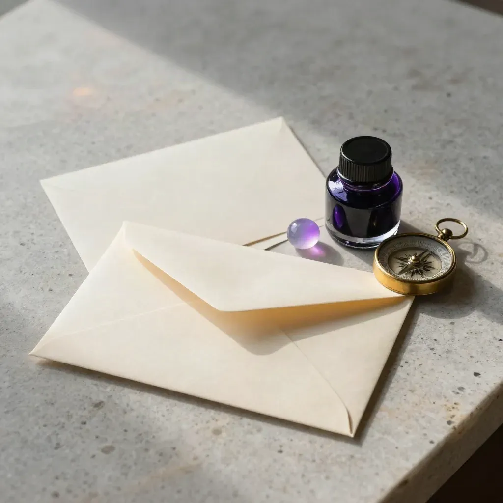 Enveloppe crème scellée, encre, perle de naissance et rose des vents sur pierre.