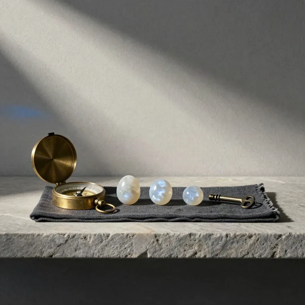 Boussole en laiton, trois marqueurs de pierre de lune et une clé sur lin sombre, lumière douce.