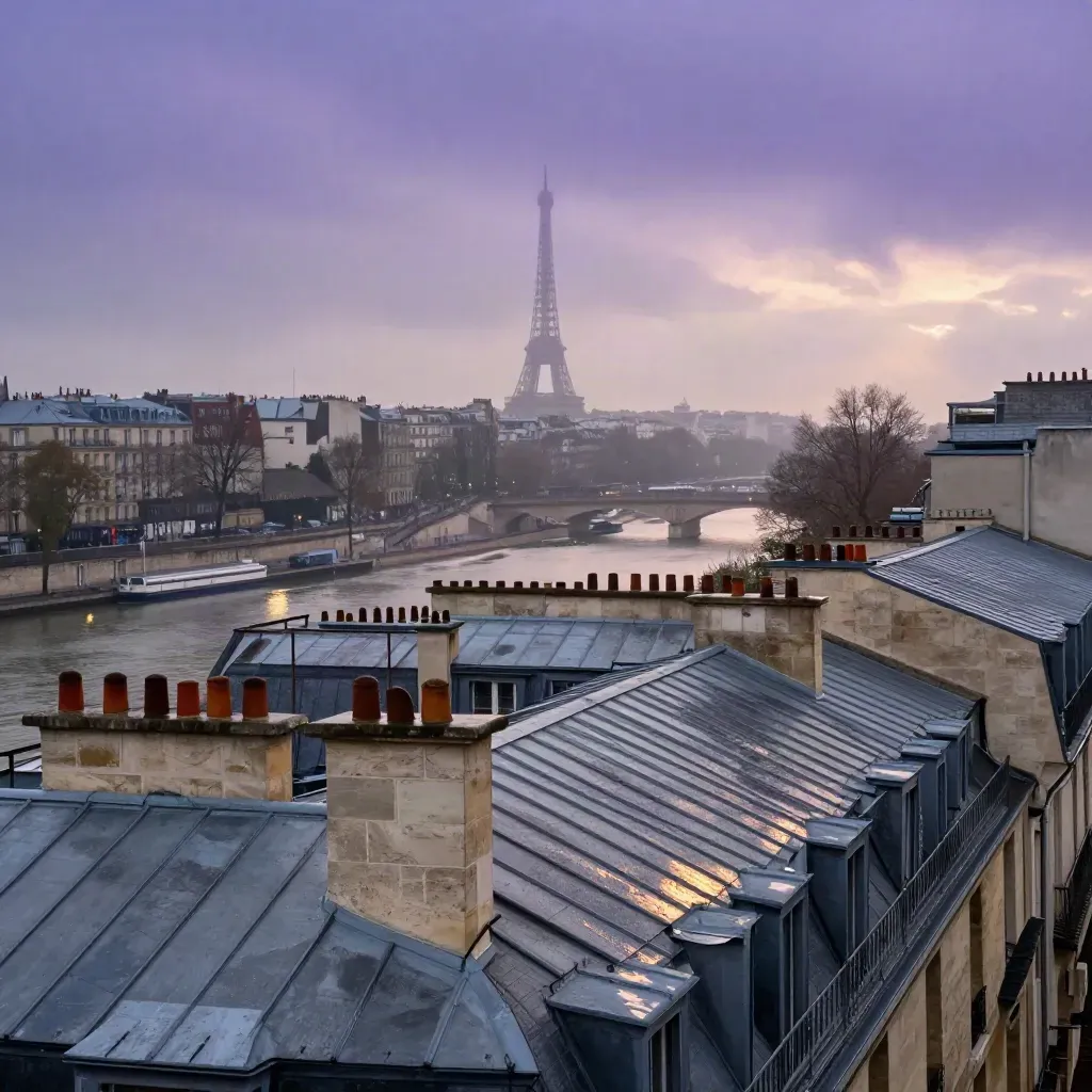 Toits de Paris humides au crépuscule, Seine brumeuse et silhouette lointaine de la tour Eiffel.