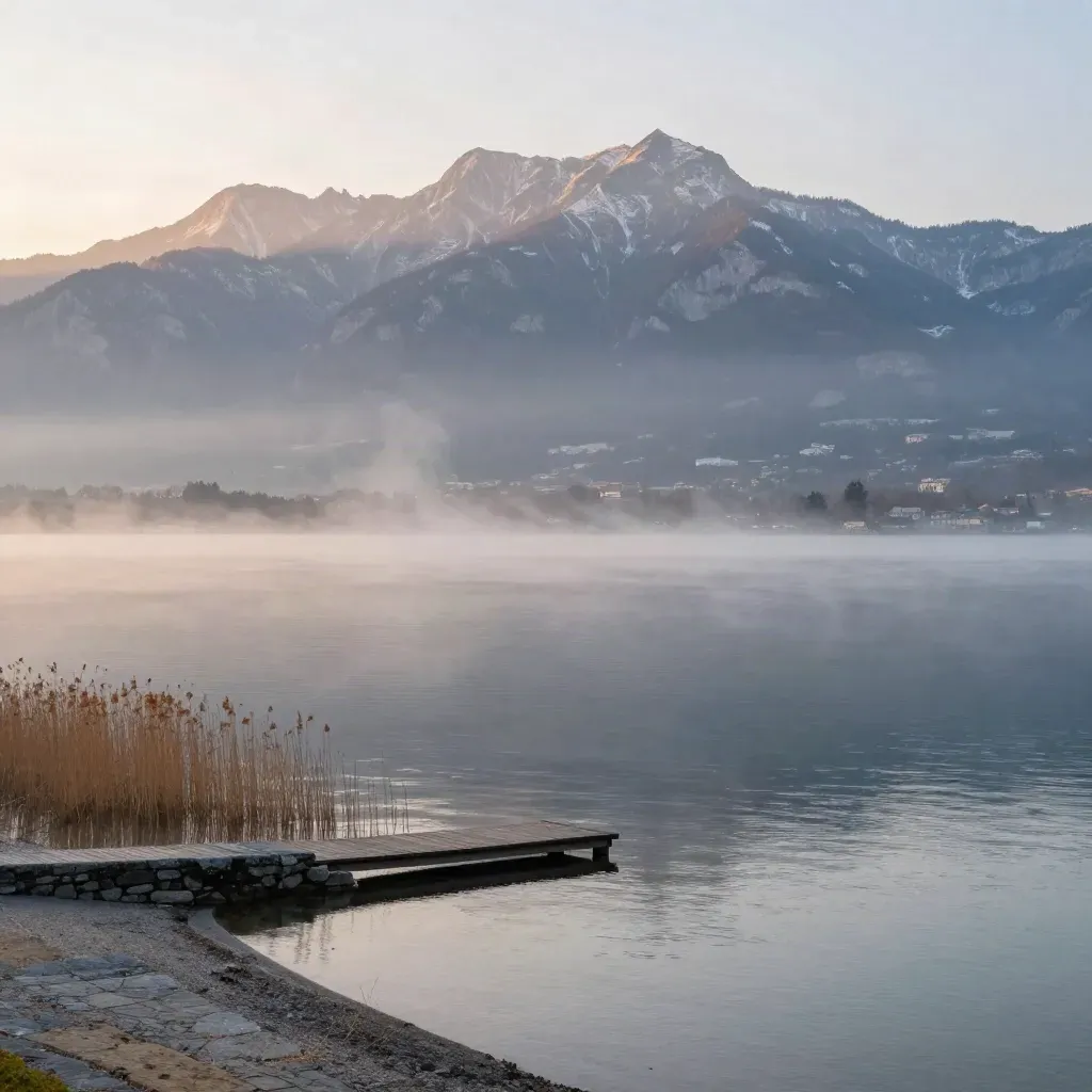 Lac d’Annecy au lever du soleil, brume sur l’eau et Alpes pâles au loin.