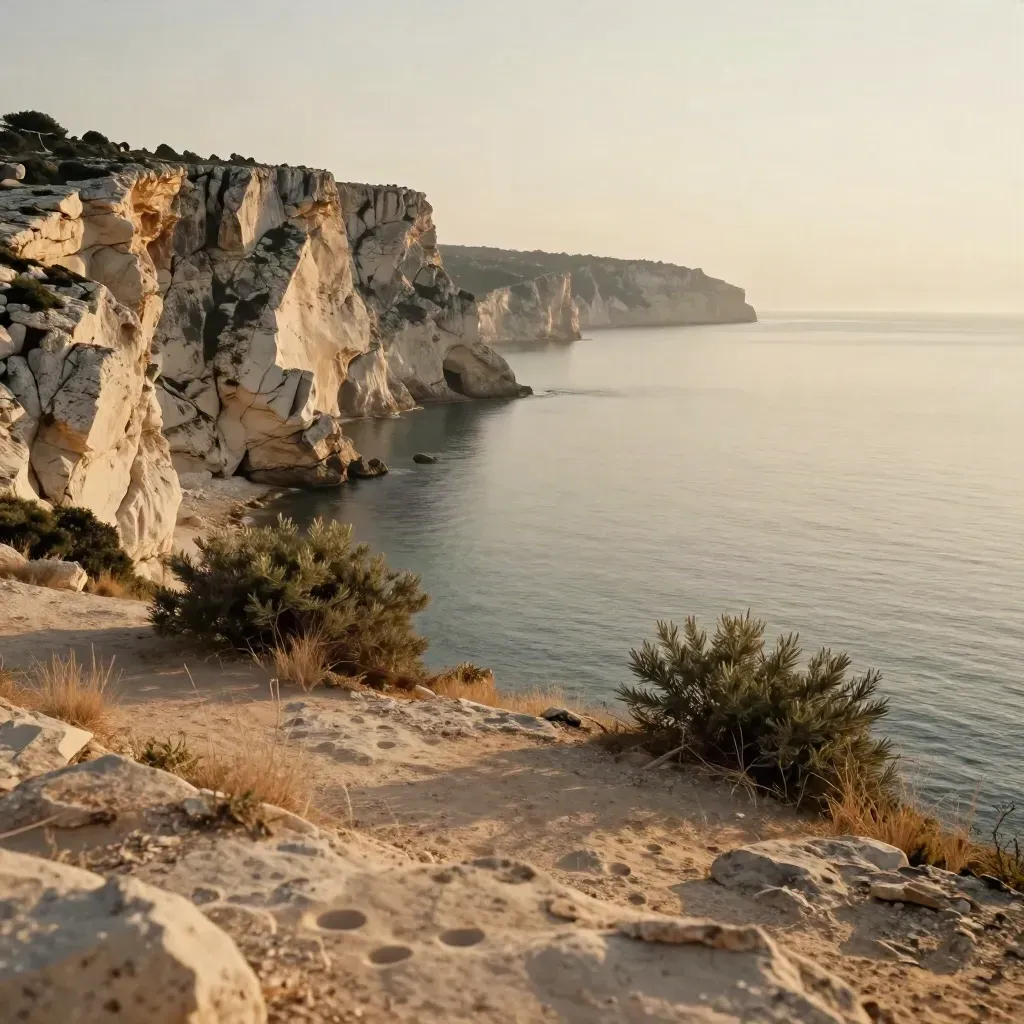 Falaises calcaires de la Côte d’Azur au couchant, mer calme et brume dorée.