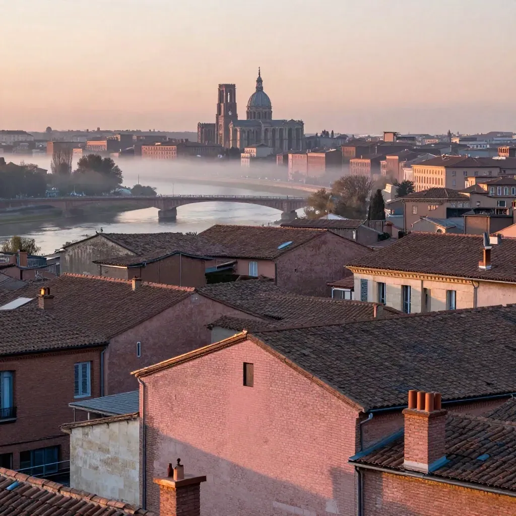 Toits de Toulouse au crépuscule, Garonne et cathédrale sous une brume chaude.