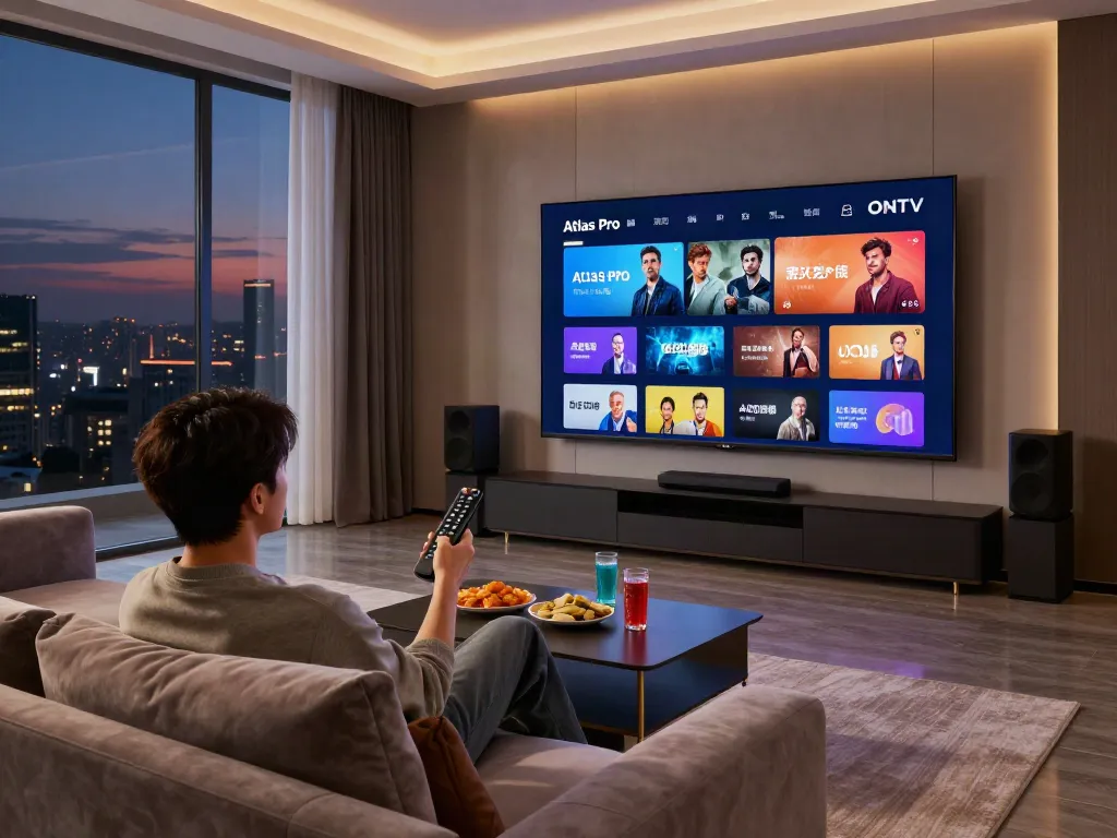 Expérience de visionnage moderne avec Atlas Pro ONTV dans un salon confortable.